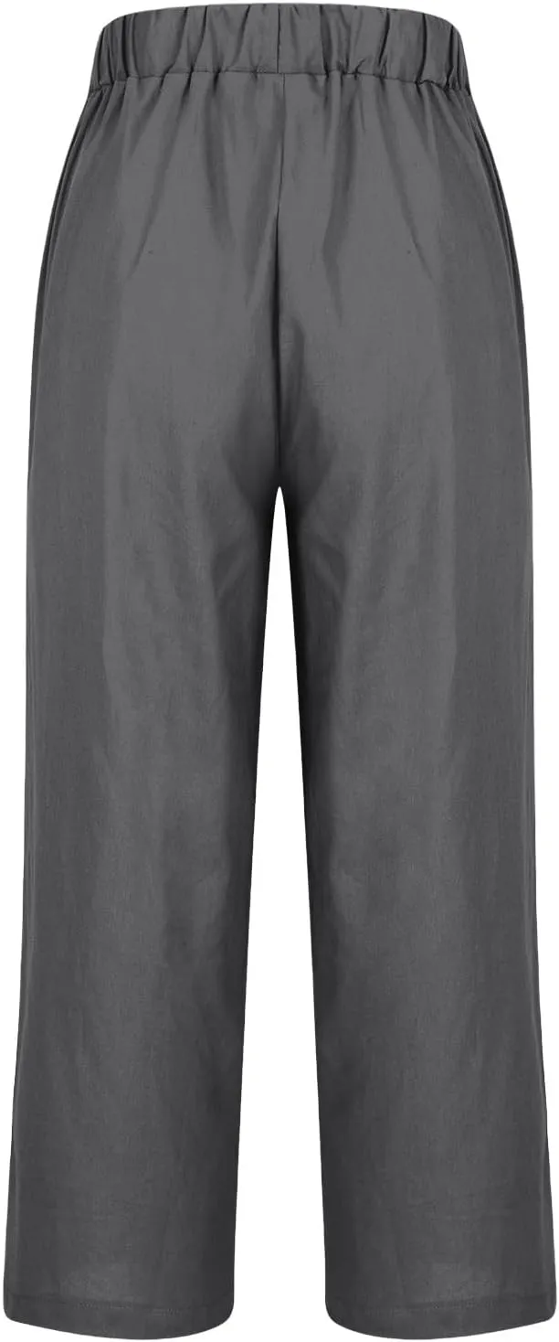 Linen Capri Pants for Women Summer High Waisted Wide Leg Lounge Pants Beach Vacation Trouser with Pockets 2025