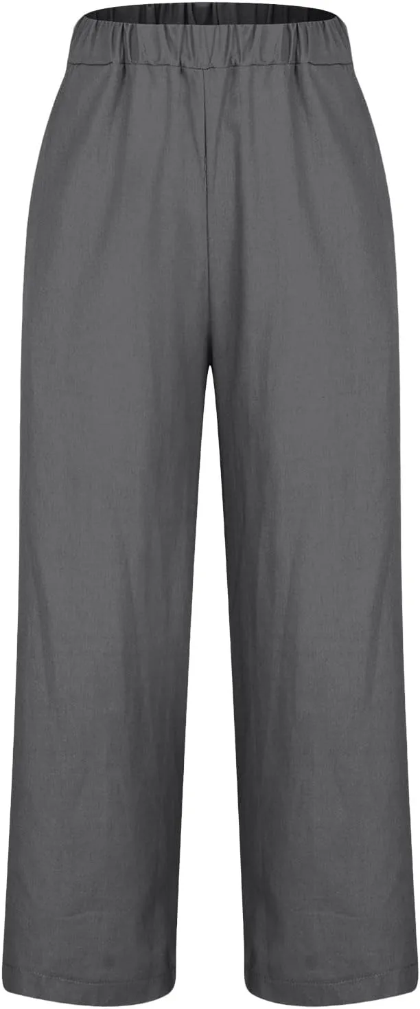 Linen Capri Pants for Women Summer High Waisted Wide Leg Lounge Pants Beach Vacation Trouser with Pockets 2025