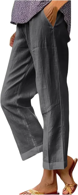 Linen Capri Pants for Women Summer High Waisted Wide Leg Lounge Pants Beach Vacation Trouser with Pockets 2025