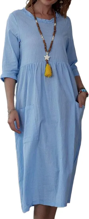 Linen Dresses for Women 2025 Elegant Summer Short Sleeve Crew Neck Flowy Swing Mini Dress Casual Fashion Long Dresses