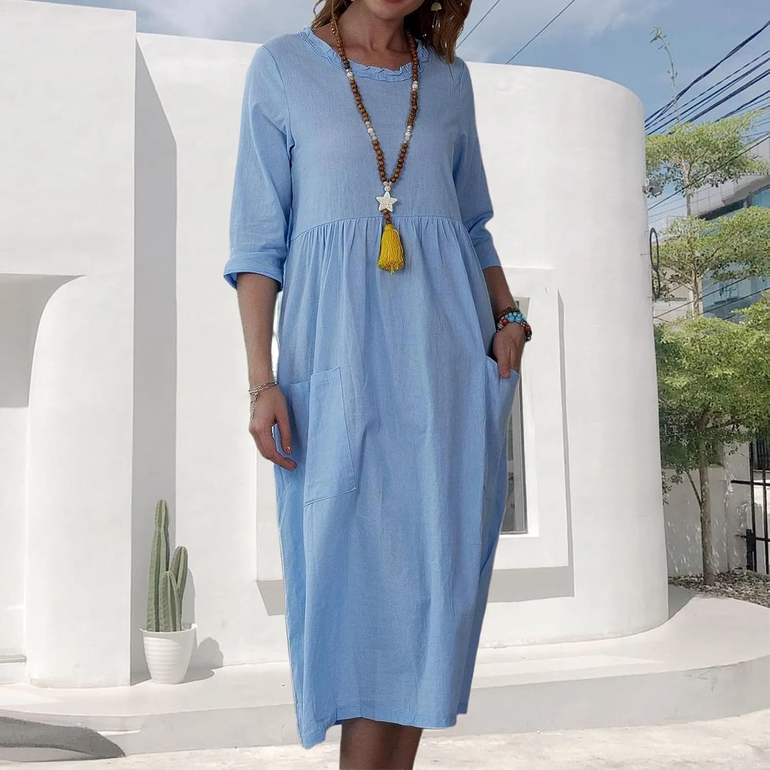 Linen Dresses for Women 2025 Elegant Summer Short Sleeve Crew Neck Flowy Swing Mini Dress Casual Fashion Long Dresses