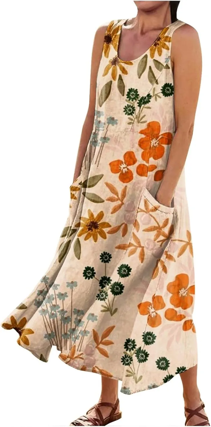 Linen Dresses for Women 2025 Vacation Plus Size Sleeveless Floral Maxi Dress Boho Tropical Beach Sundress with Pocket