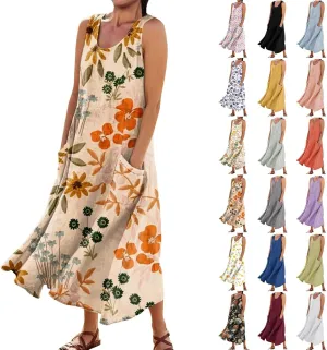 Linen Dresses for Women 2025 Vacation Plus Size Sleeveless Floral Maxi Dress Boho Tropical Beach Sundress with Pocket