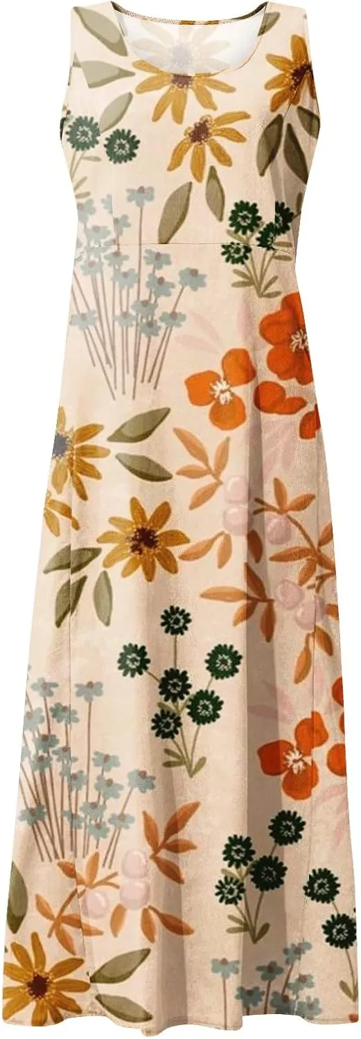 Linen Dresses for Women 2025 Vacation Plus Size Sleeveless Floral Maxi Dress Boho Tropical Beach Sundress with Pocket