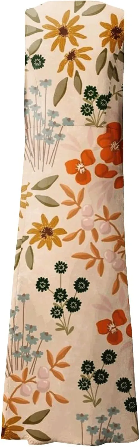 Linen Dresses for Women 2025 Vacation Plus Size Sleeveless Floral Maxi Dress Boho Tropical Beach Sundress with Pocket