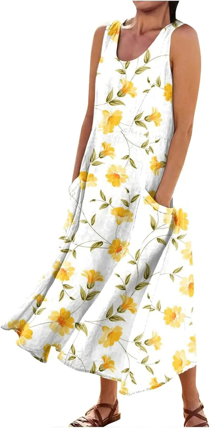 Linen Dresses for Women 2025 Vacation Plus Size Sleeveless Floral Maxi Dress Boho Tropical Beach Sundress with Pocket