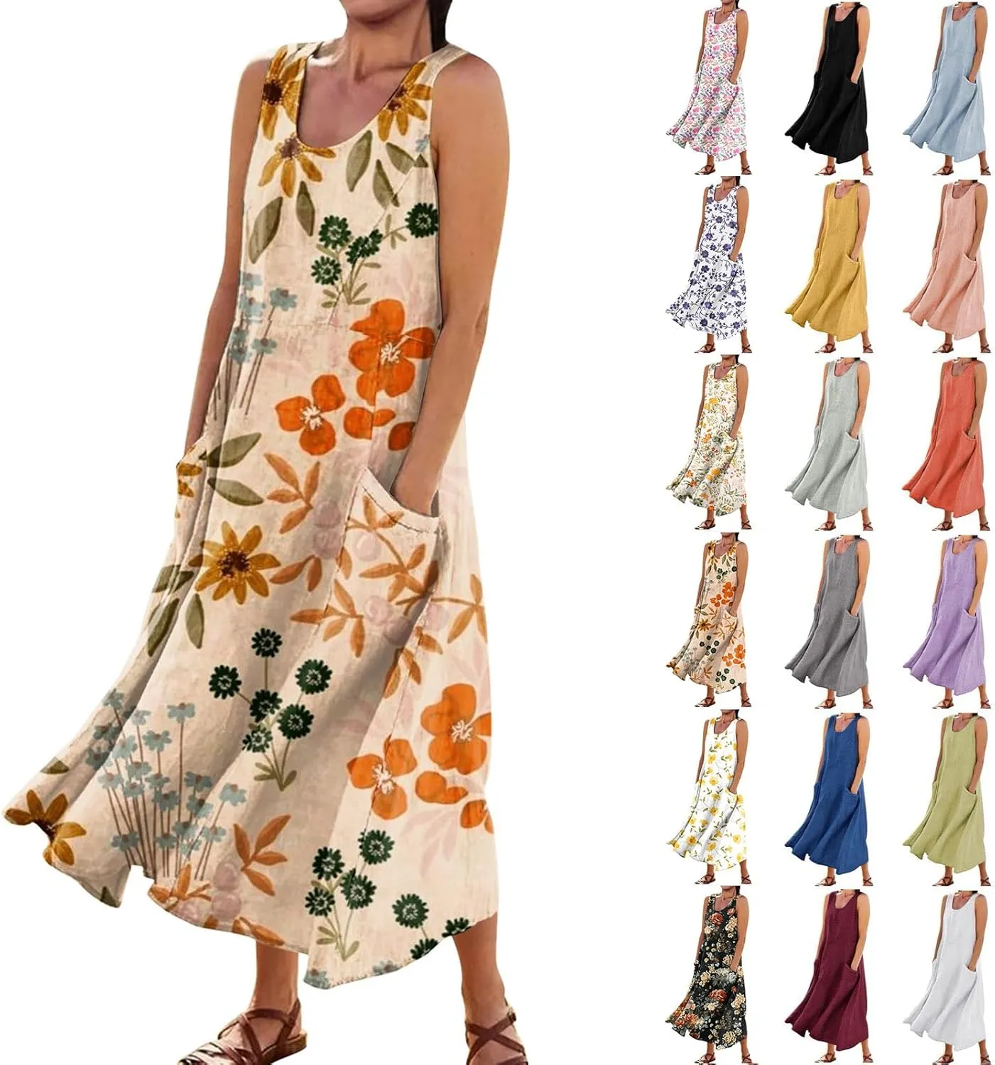Linen Dresses for Women 2025 Vacation Plus Size Sleeveless Floral Maxi Dress Boho Tropical Beach Sundress with Pocket