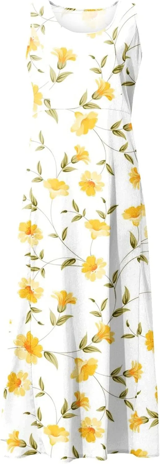 Linen Dresses for Women 2025 Vacation Plus Size Sleeveless Floral Maxi Dress Boho Tropical Beach Sundress with Pocket