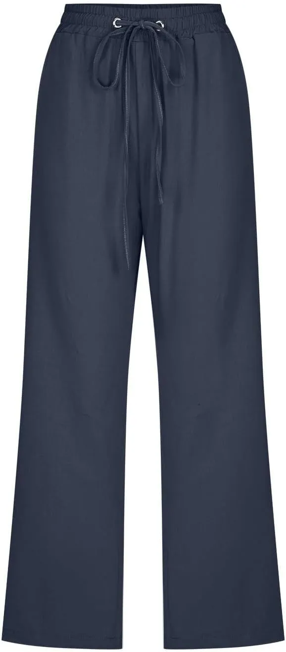 Linen Pants Women 3/4 Length White Linen Pants Women Summer Pants 2024 Wide Leg Pants Woman Elastic Drastring Trousers