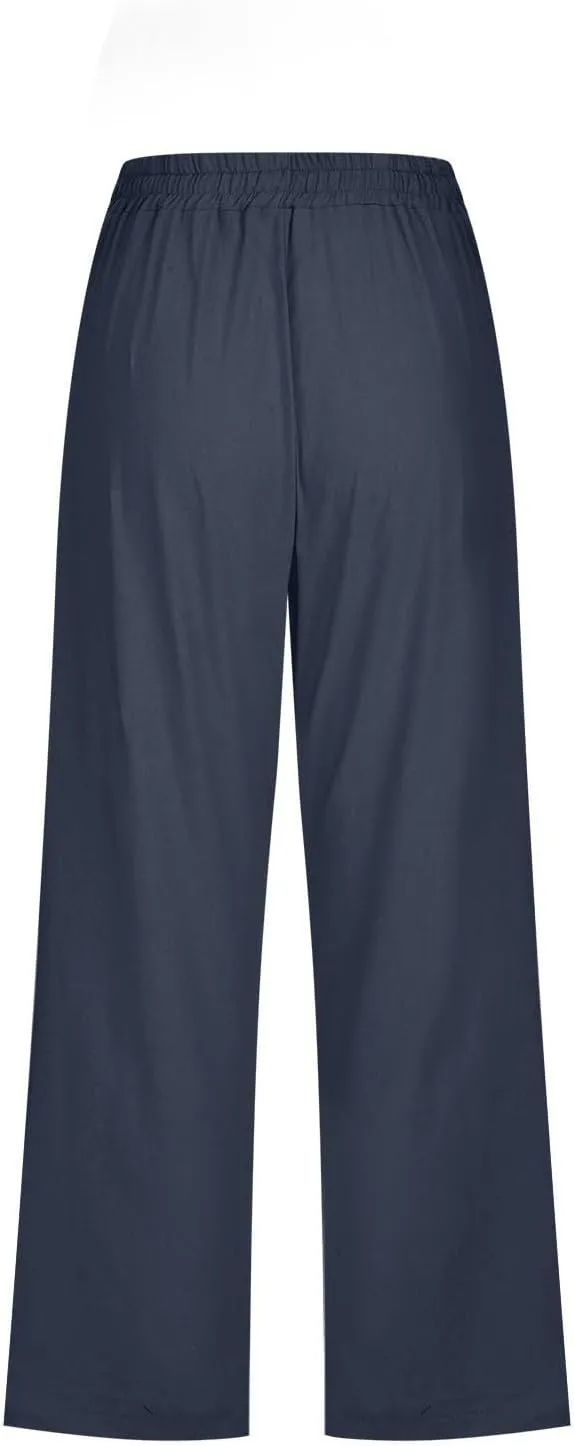 Linen Pants Women 3/4 Length White Linen Pants Women Summer Pants 2024 Wide Leg Pants Woman Elastic Drastring Trousers