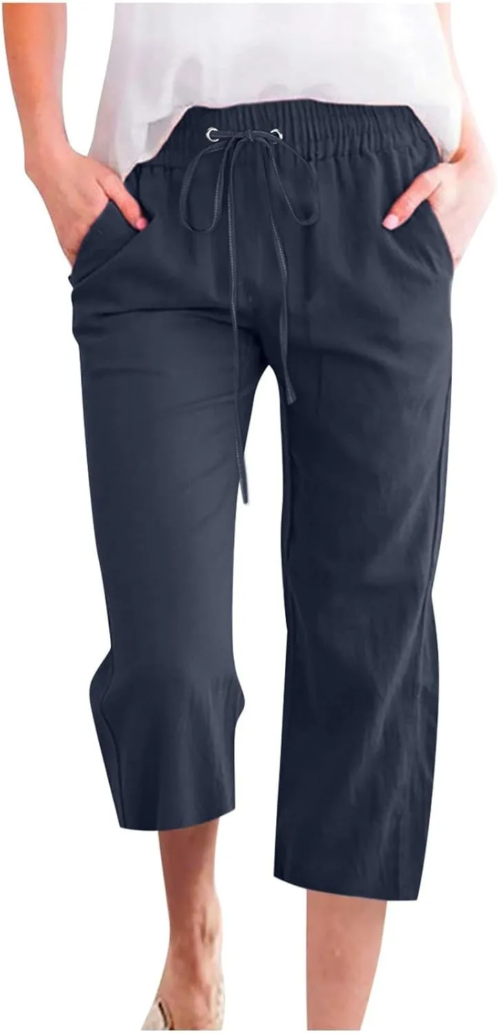 Linen Pants Women 3/4 Length White Linen Pants Women Summer Pants 2024 Wide Leg Pants Woman Elastic Drastring Trousers