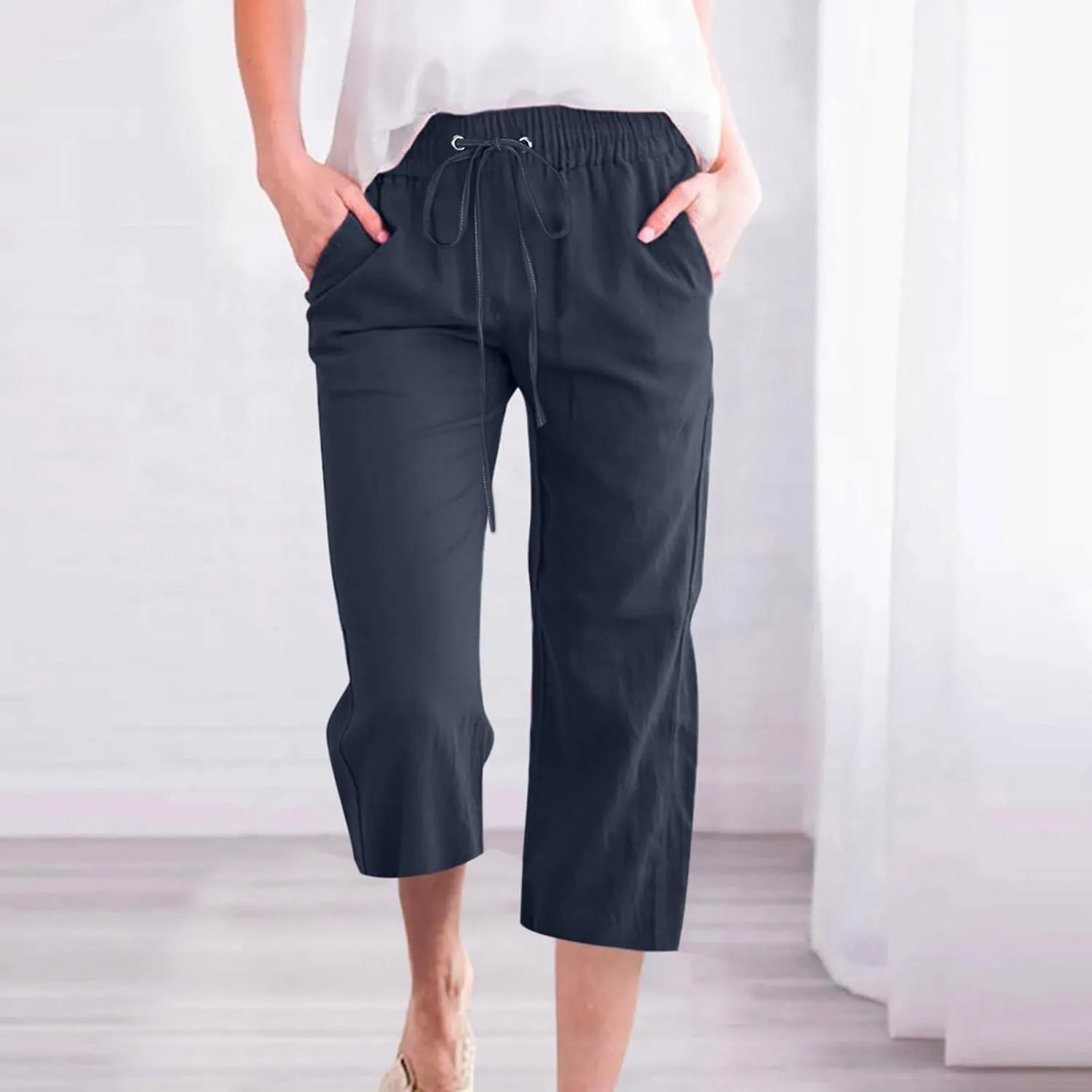 Linen Pants Women 3/4 Length White Linen Pants Women Summer Pants 2024 Wide Leg Pants Woman Elastic Drastring Trousers
