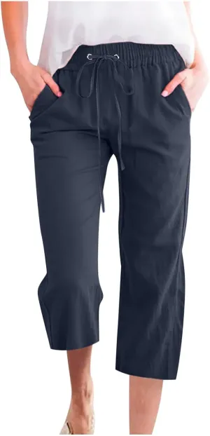 Linen Pants Women 3/4 Length White Linen Pants Women Summer Pants 2024 Wide Leg Pants Woman Elastic Drastring Trousers