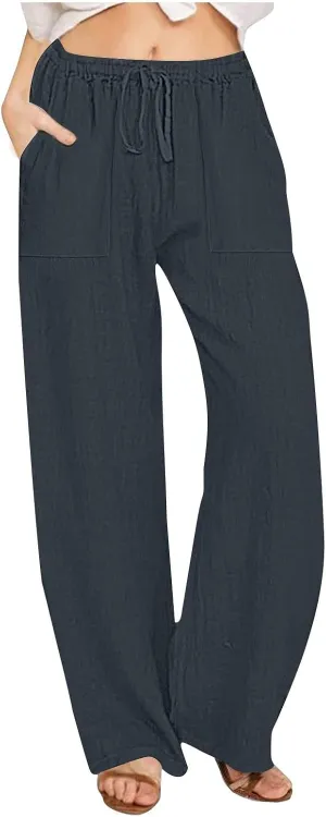 Linen Pants Women High Waisted Wide Leg Pants Drawstring Loose Fit Summer Trousers Beach Resort Wear 2025