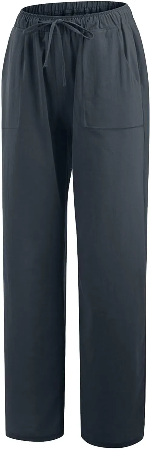 Linen Pants Women High Waisted Wide Leg Pants Drawstring Loose Fit Summer Trousers Beach Resort Wear 2025