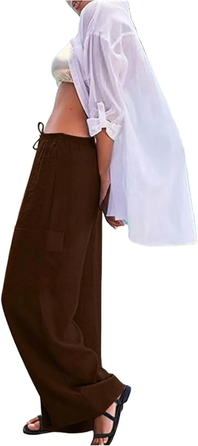 Linen Pants Women Summer Casual High Waisted Cargo Pants with Pockets Lightweight Loose Comfy Linen Palazzo Pants