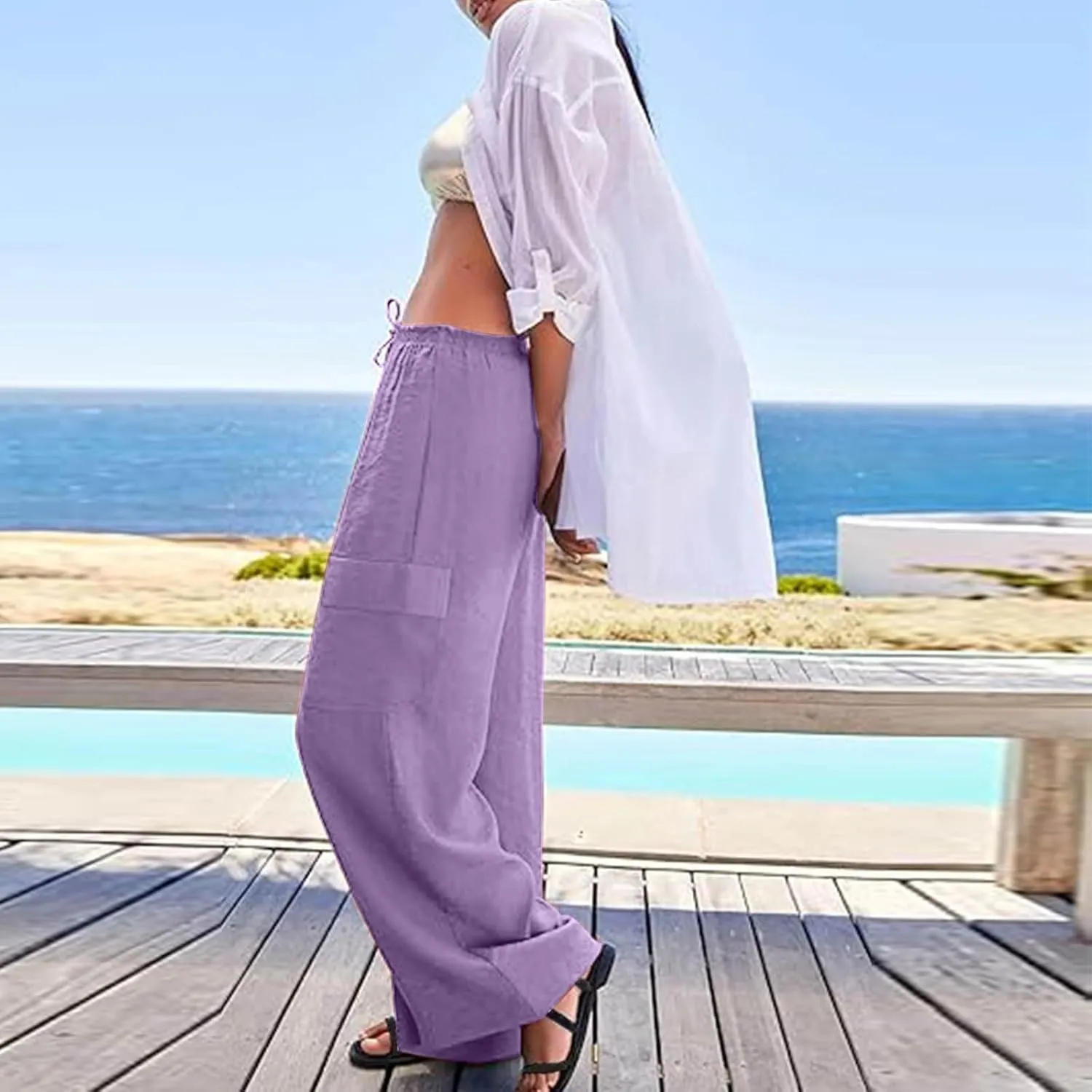 Linen Pants Women Summer Casual High Waisted Cargo Pants with Pockets Lightweight Loose Comfy Linen Palazzo Pants