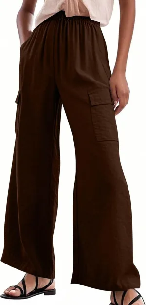 Linen Pants Women Summer Casual High Waisted Cargo Pants with Pockets Lightweight Loose Comfy Linen Palazzo Pants