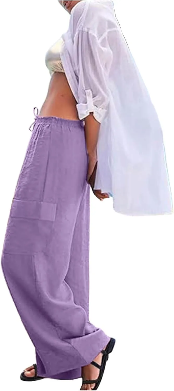 Linen Pants Women Summer Casual High Waisted Cargo Pants with Pockets Lightweight Loose Comfy Linen Palazzo Pants