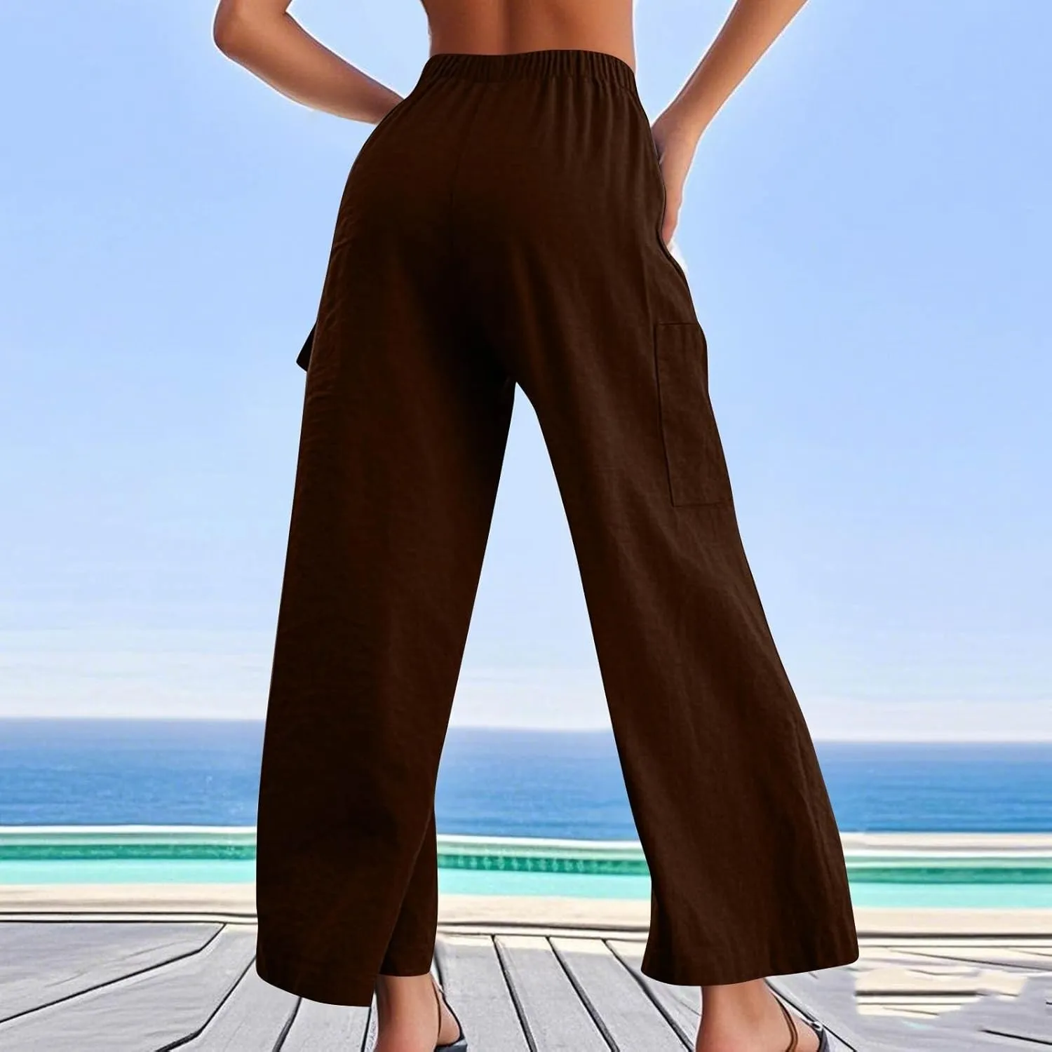 Linen Pants Women Summer Casual High Waisted Cargo Pants with Pockets Lightweight Loose Comfy Linen Palazzo Pants