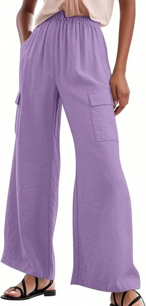 Linen Pants Women Summer Casual High Waisted Cargo Pants with Pockets Lightweight Loose Comfy Linen Palazzo Pants