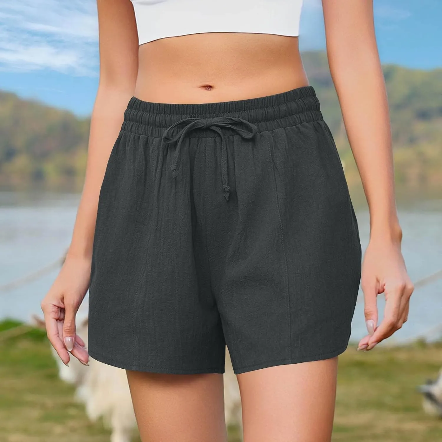 Linen Shorts for Women 2025 Trendy Summer Plus Size Comfy Drawstring Casual Pants Elastic Waist Wide Leg Shorts
