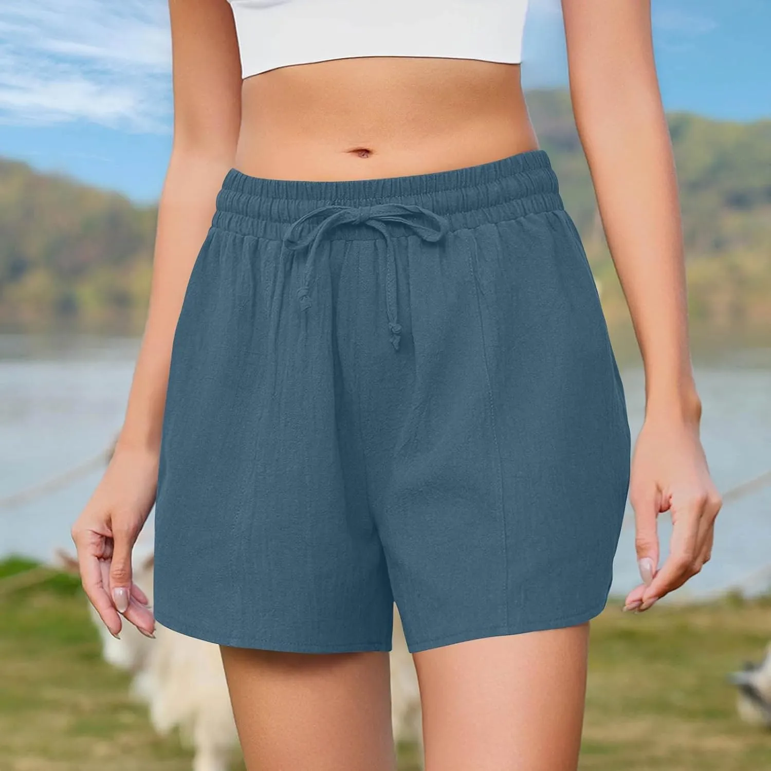 Linen Shorts for Women 2025 Trendy Summer Plus Size Comfy Drawstring Casual Pants Elastic Waist Wide Leg Shorts