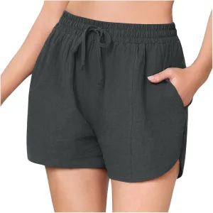 Linen Shorts for Women 2025 Trendy Summer Plus Size Comfy Drawstring Casual Pants Elastic Waist Wide Leg Shorts