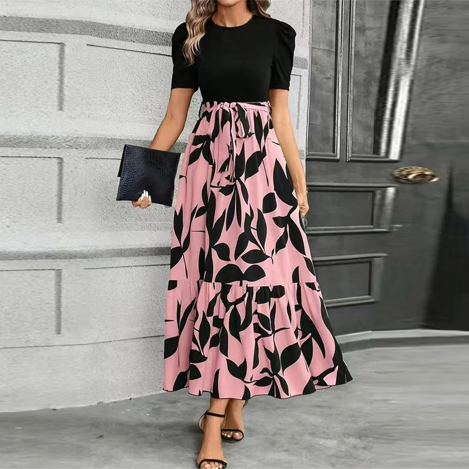 Long Floral Dresses for Women 2025 Elegant Tie Waist Maxi Dress Patchwork Short Sleeve Modest Flowy A Line Dress