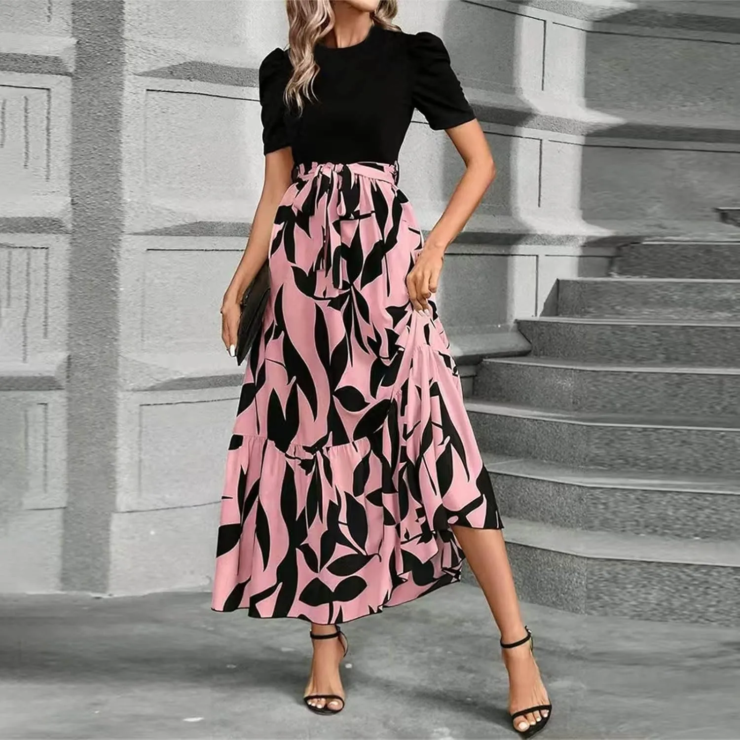 Long Floral Dresses for Women 2025 Elegant Tie Waist Maxi Dress Patchwork Short Sleeve Modest Flowy A Line Dress