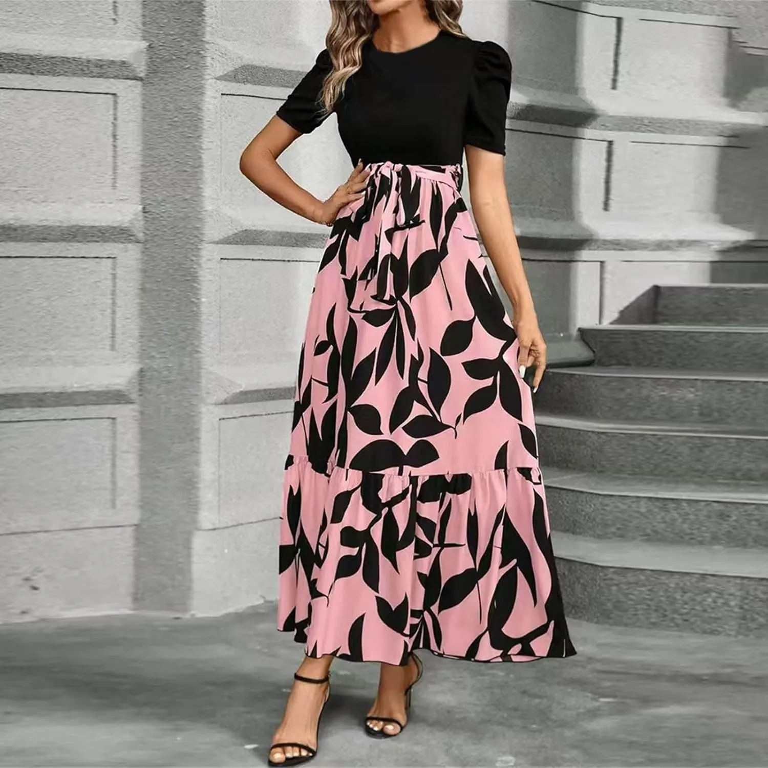 Long Floral Dresses for Women 2025 Elegant Tie Waist Maxi Dress Patchwork Short Sleeve Modest Flowy A Line Dress