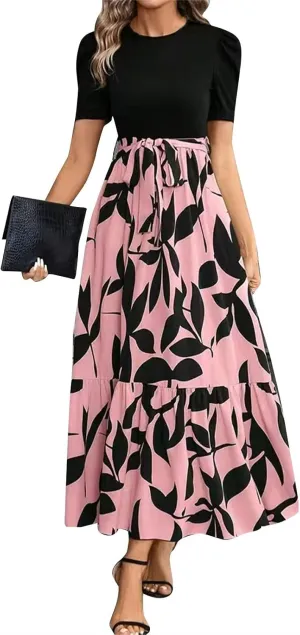 Long Floral Dresses for Women 2025 Elegant Tie Waist Maxi Dress Patchwork Short Sleeve Modest Flowy A Line Dress