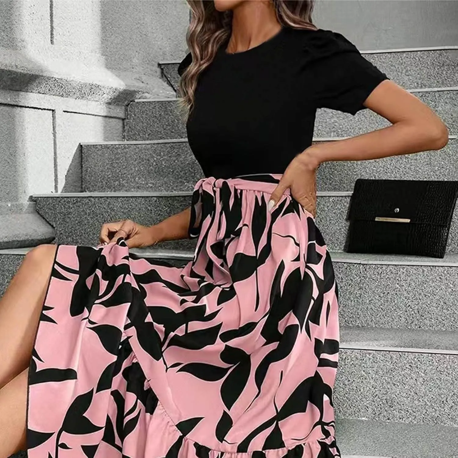Long Floral Dresses for Women 2025 Elegant Tie Waist Maxi Dress Patchwork Short Sleeve Modest Flowy A Line Dress