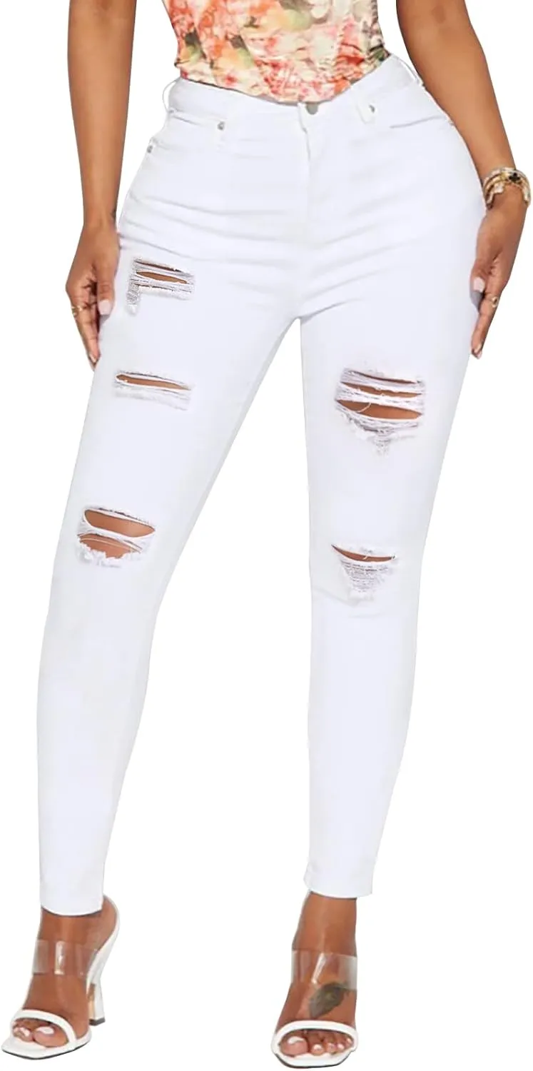 LONGBIDA High Waisted Ripped Skinny Jeans for Women Slim Fit Stretchy Distressed Jeans Y2K Destroyed Ankle Denim Pants
