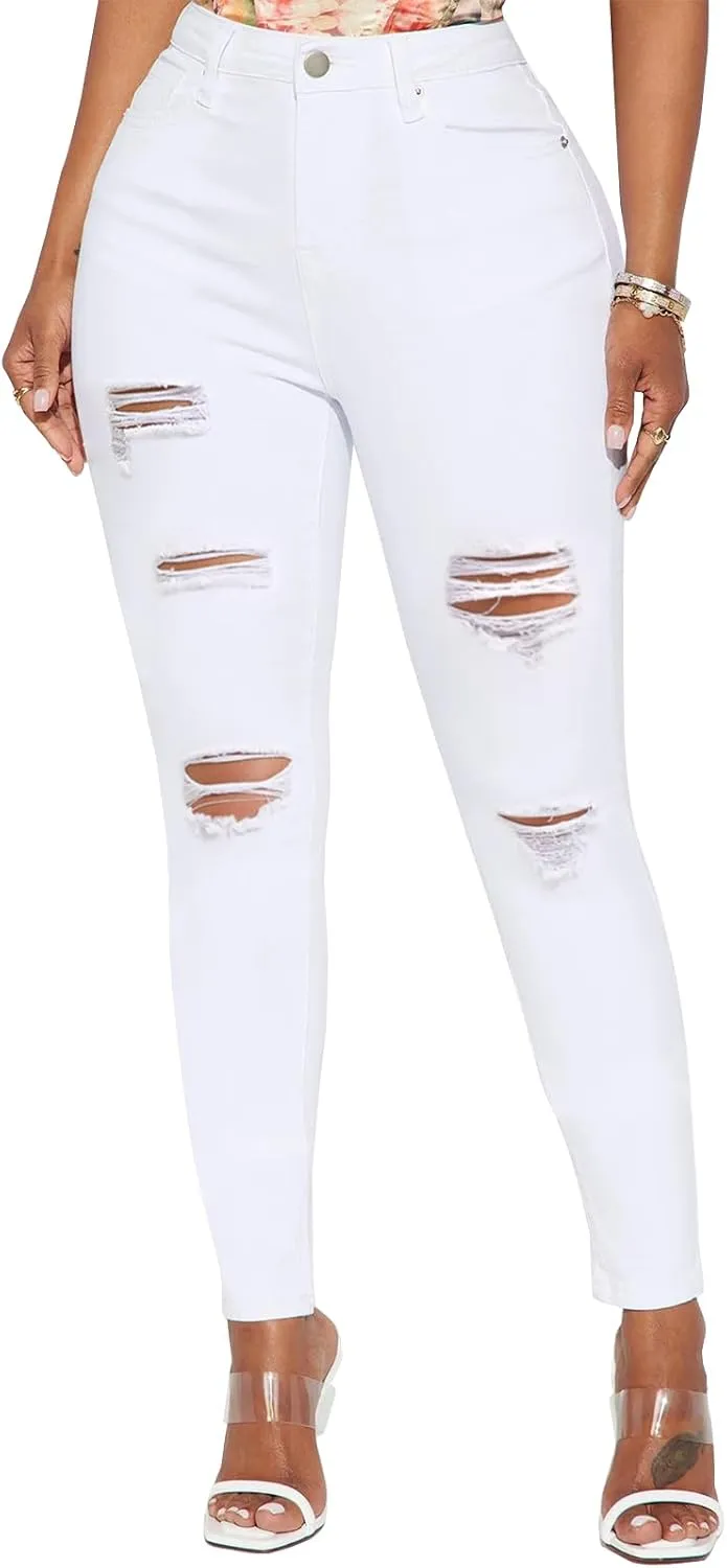 LONGBIDA High Waisted Ripped Skinny Jeans for Women Slim Fit Stretchy Distressed Jeans Y2K Destroyed Ankle Denim Pants
