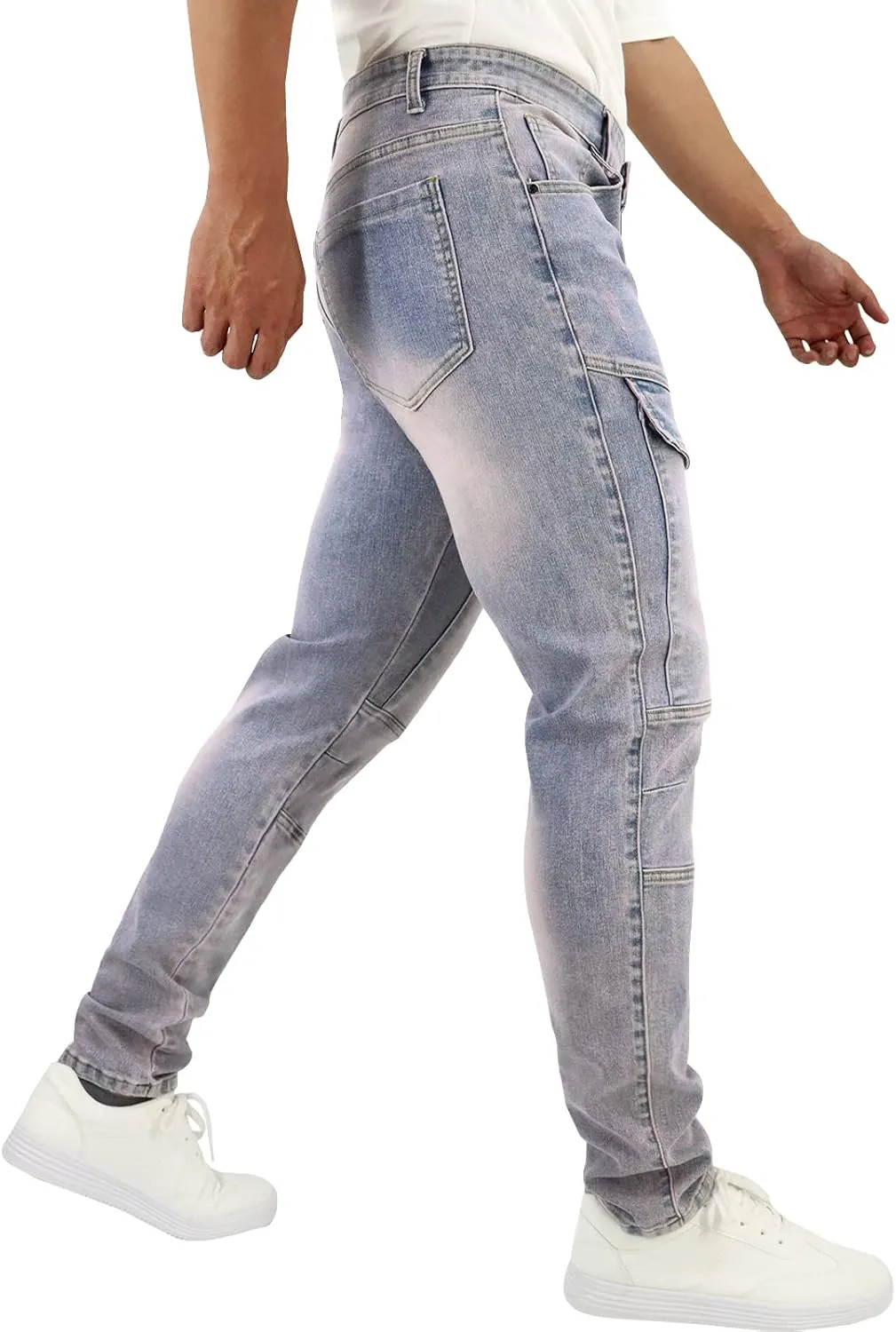 LONGBIDA Men's Slim Fit Stretch Comfort Cargo Biker Jeans with Multi-Pockets