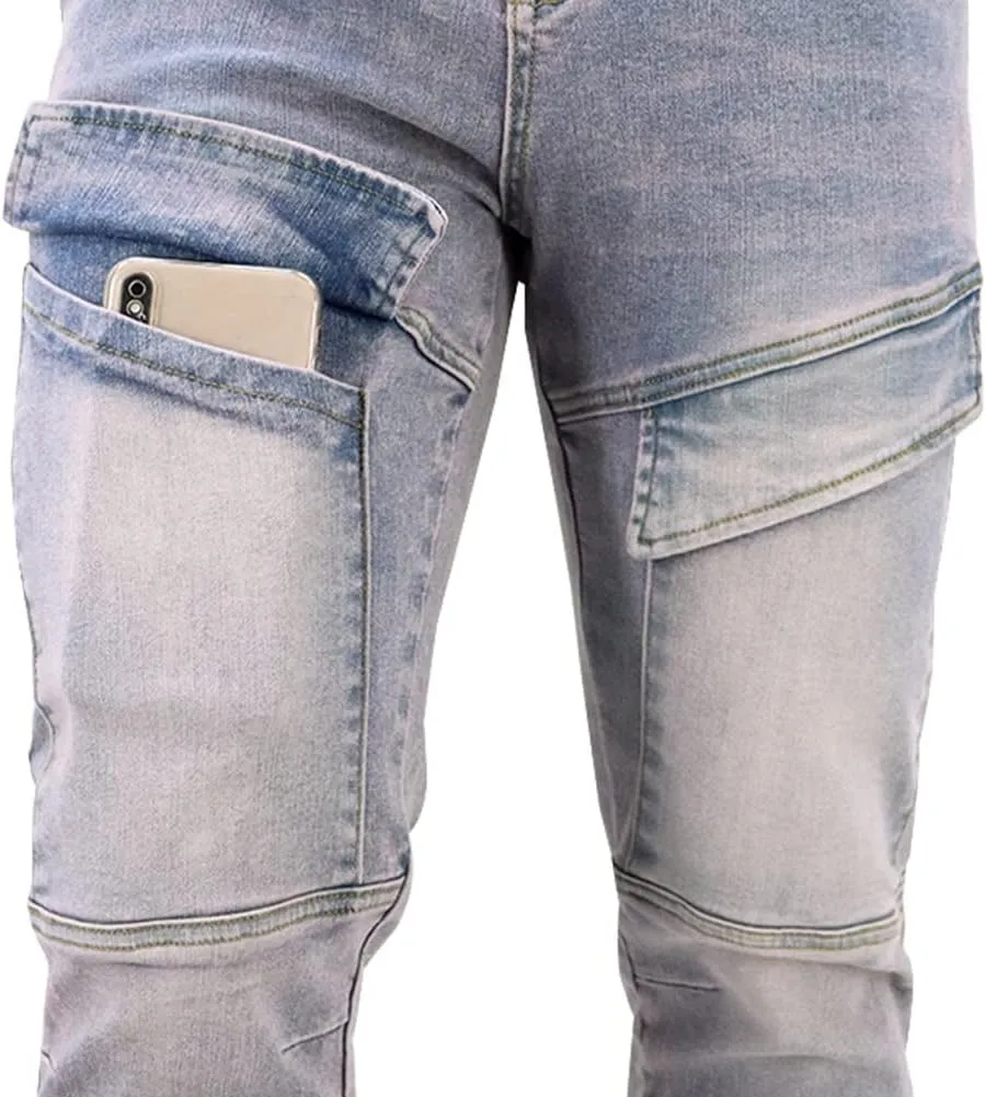 LONGBIDA Men's Slim Fit Stretch Comfort Cargo Biker Jeans with Multi-Pockets