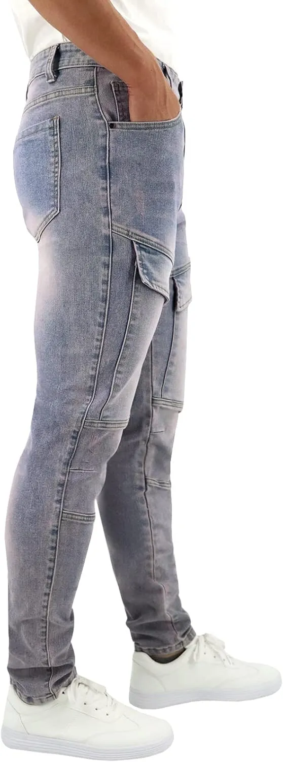 LONGBIDA Men's Slim Fit Stretch Comfort Cargo Biker Jeans with Multi-Pockets