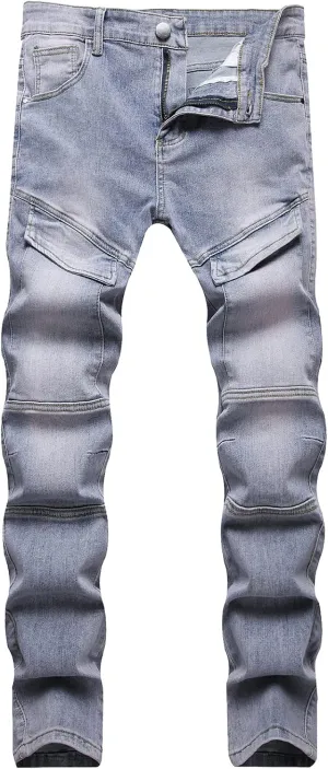 LONGBIDA Men's Slim Fit Stretch Comfort Cargo Biker Jeans with Multi-Pockets