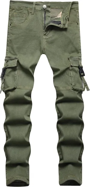 LONGBIDA Men's Slim Fit Stretch Comfort Cargo Biker Jeans with Multi-Pockets