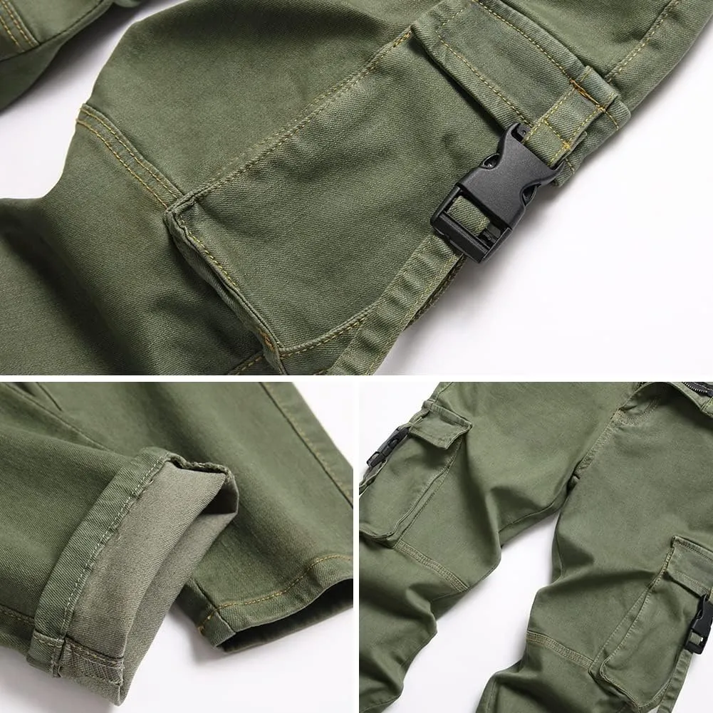 LONGBIDA Men's Slim Fit Stretch Comfort Cargo Biker Jeans with Multi-Pockets