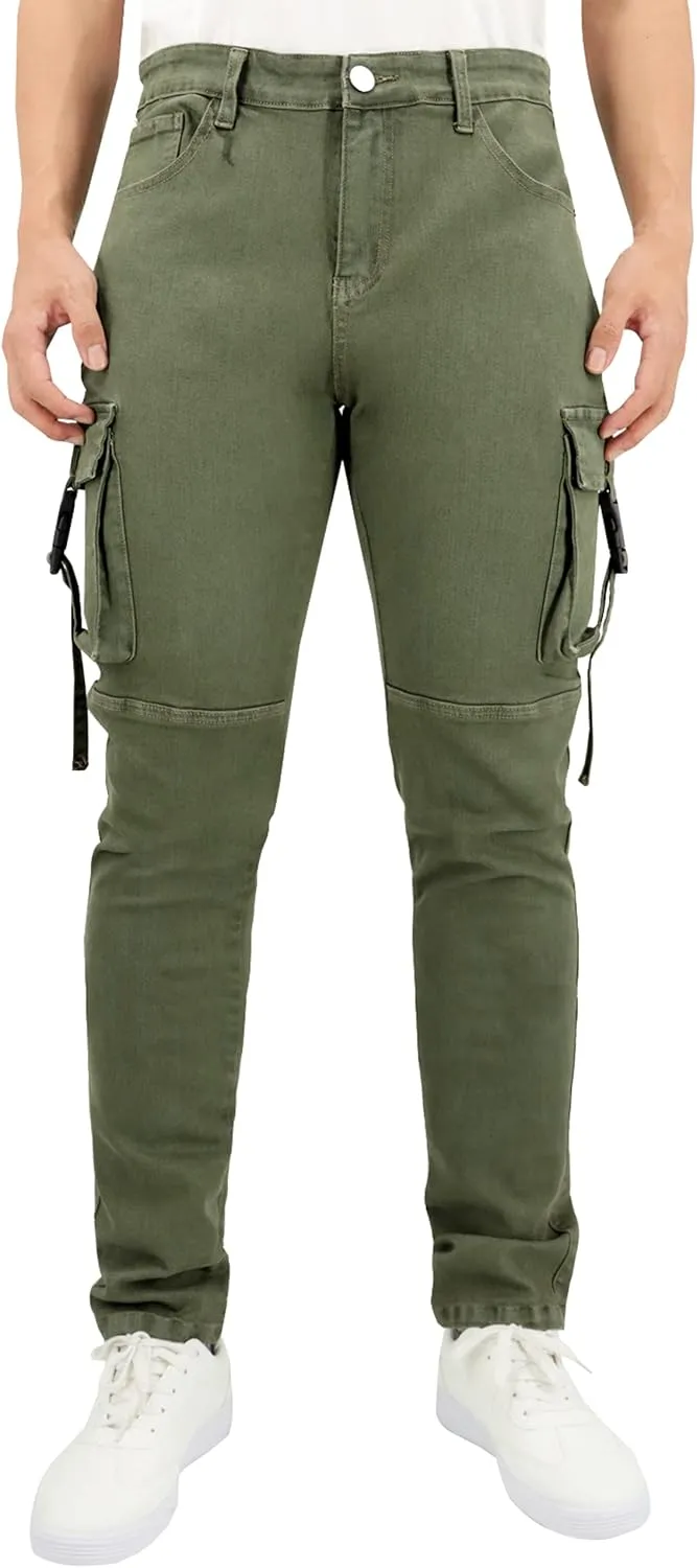 LONGBIDA Men's Slim Fit Stretch Comfort Cargo Biker Jeans with Multi-Pockets