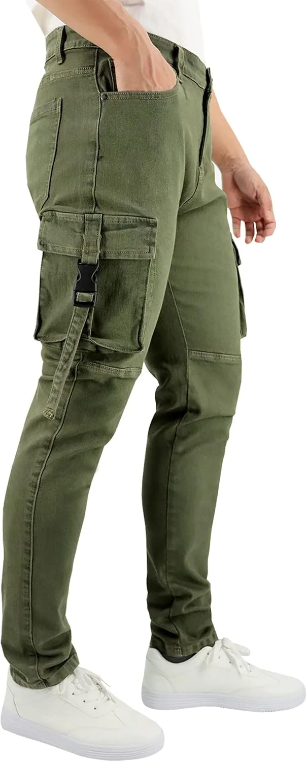 LONGBIDA Men's Slim Fit Stretch Comfort Cargo Biker Jeans with Multi-Pockets