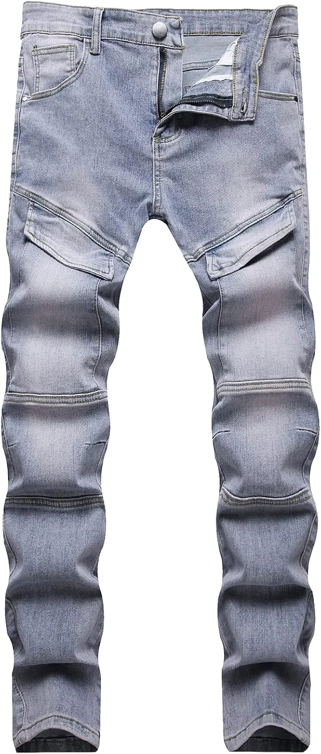 LONGBIDA Men's Slim Fit Stretch Comfort Cargo Biker Jeans with Multi-Pockets