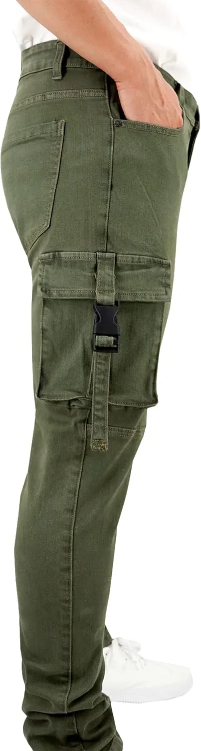 LONGBIDA Men's Slim Fit Stretch Comfort Cargo Biker Jeans with Multi-Pockets