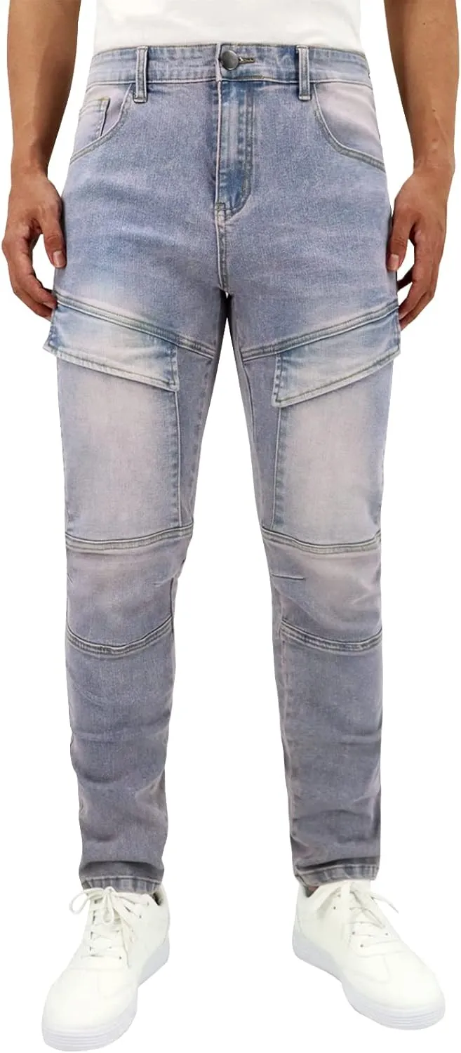 LONGBIDA Men's Slim Fit Stretch Comfort Cargo Biker Jeans with Multi-Pockets