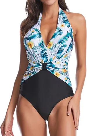 Lu's Chic Women's Halter One Piece Swimsuit Plunge Deep V Neck Monikini Bathing Suit Ruched Shirred