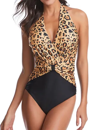 Lu's Chic Women's Halter One Piece Swimsuit Plunge Deep V Neck Monikini Bathing Suit Ruched Shirred