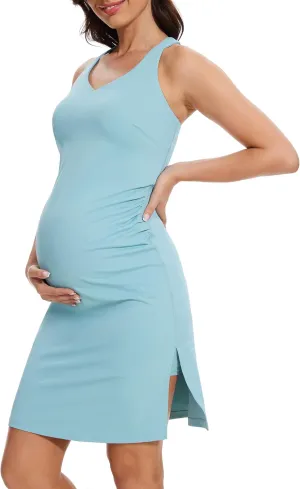 M MOTEEPI Women Maternity Summer Casual Athletic Dress Split Ruched Pregnancy Bodycon Dress for Photoshoot Baby Shower