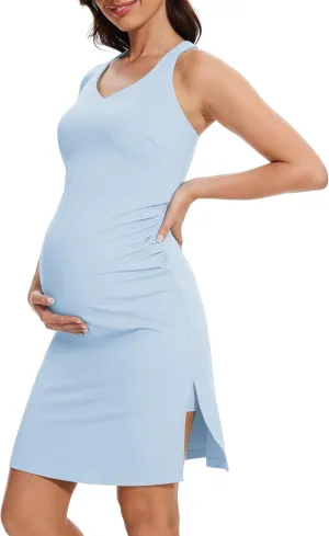 M MOTEEPI Women Maternity Summer Casual Athletic Dress Split Ruched Pregnancy Bodycon Dress for Photoshoot Baby Shower